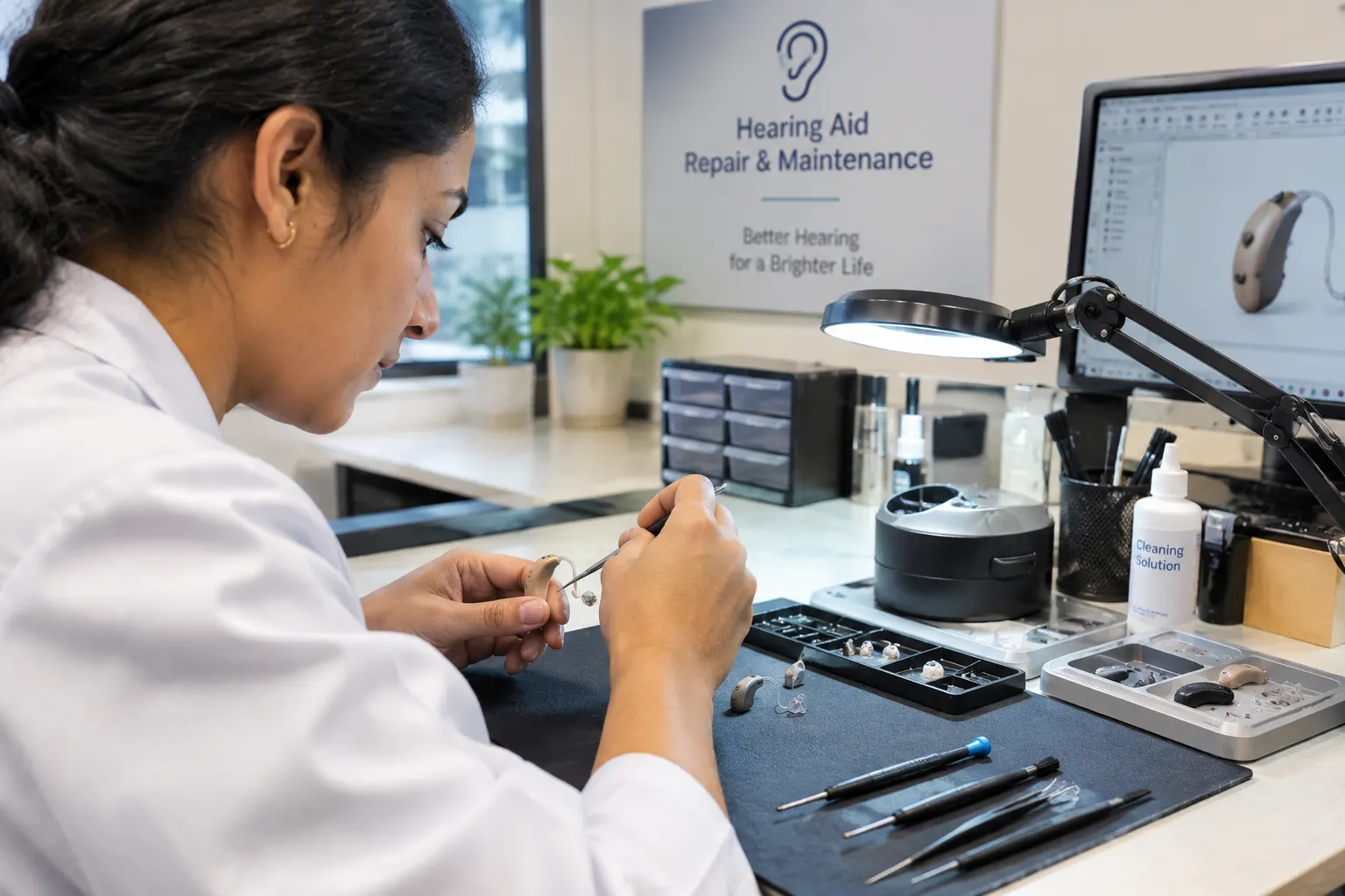 Technician repairing a behind-the-ear hearing aid with fine tools under a magnifier lamp