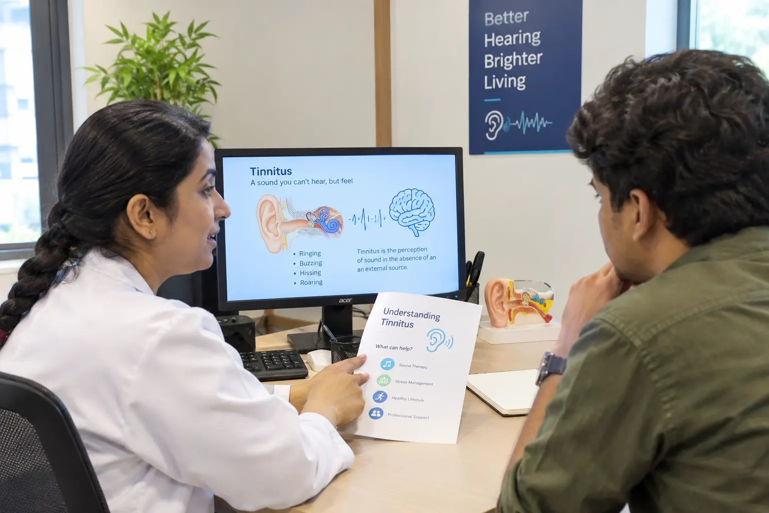 Audiologist explaining tinnitus to a patient using an ear diagram on screen and a printed guide